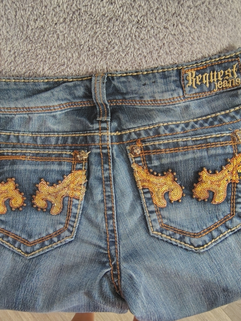 Request Blue Denim Bootcut Jeans with Gold Sequin Detail 5/27